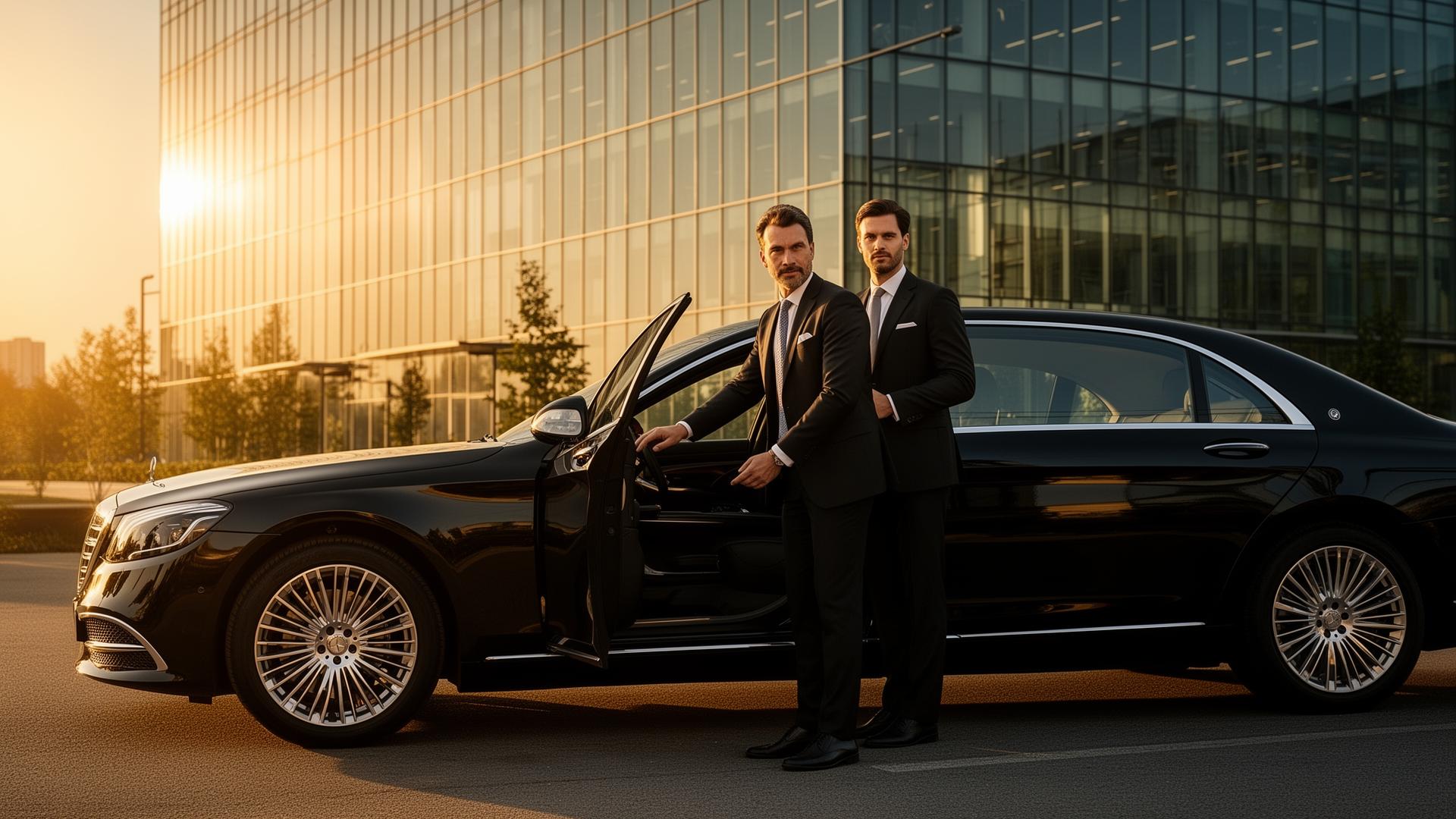 Premium chauffeur opening door of luxury sedan for corporate executive